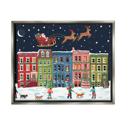 «Snowy Christmas Town Santa Overhead» par Nancy Mckenzie - peinture sur toile à cadre flottant