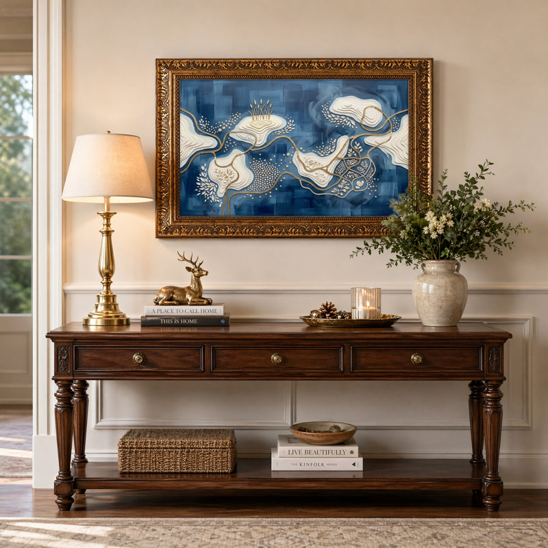 Art mural en toile noyer doré encadré pour le salon, la chambre à coucher, le bureau ou le vestibule - décoration murale décorative avec motif floral abstrait