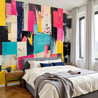 Peel and Stick Wallpaper Wall Mural Abstract Grunge Newspaper Collage Bold Pink Yellow Black Wall Art Self Adhesive and Removable