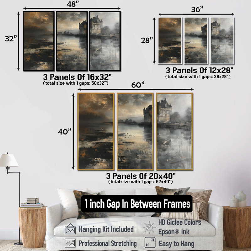 - Ensemble d'impressions murales Chateaus, Toile encadrée flottée blanche, H 32 po x l 48 po x P 1 po