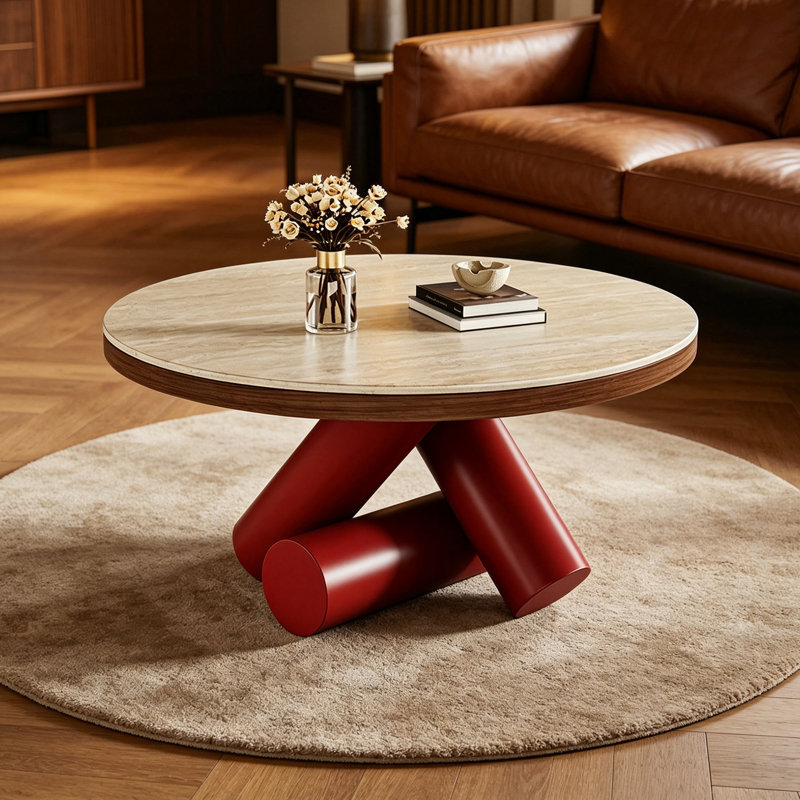 Table basse légère de luxe avec support en acier au carbone, Light Khaki, Red