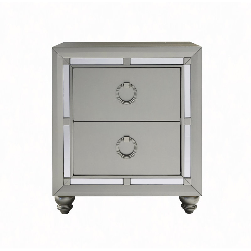 Nightstand With Mirror Accents & 2 Spacious Drawers, Smooth Metal Glide