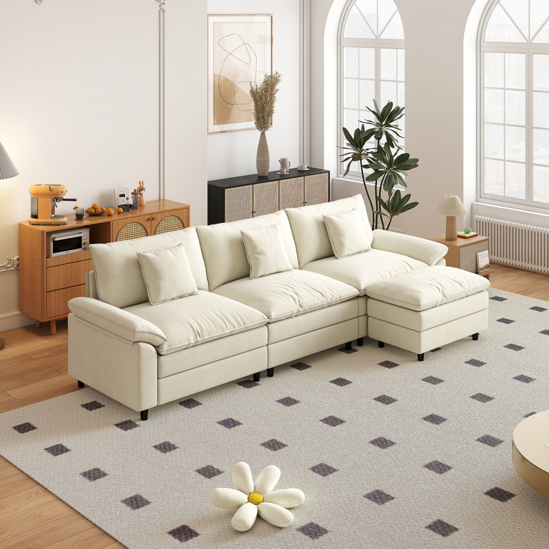 Canapé blanc en chenille trois places avec repose-pieds, Blanc
