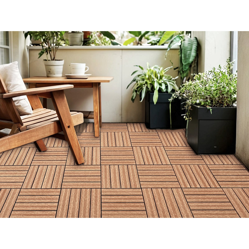 Wood Plastic Composite Deck Tiles Set Of 20Pcs, DIY Interlocking Decking Tiles, Floor Tile, Durable, Maintenance, Waterproof, Indoor Outdoor, 12X12in