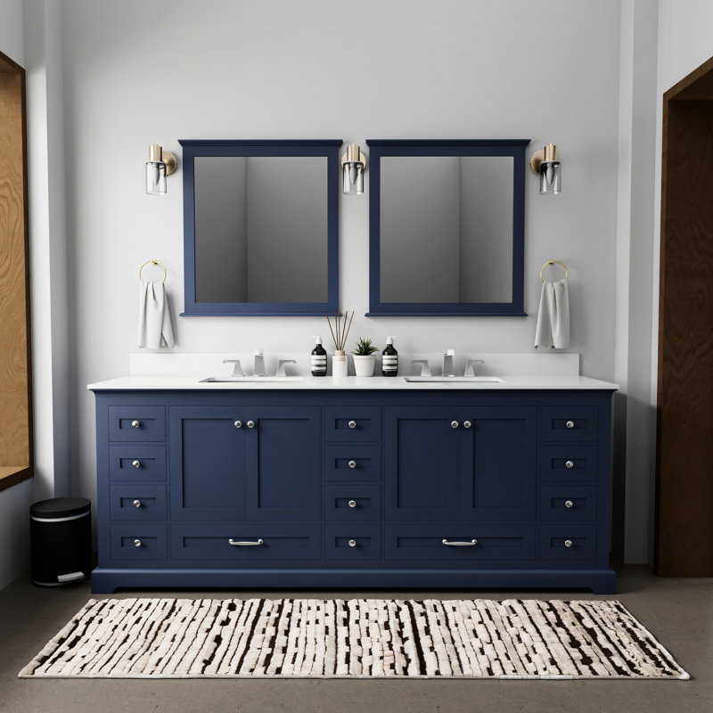 Meuble-lavabo double bleu marine - 84 po L x P 22 po Comptoir en quartz blanc 34 miroirs 14 tiroirs et 2 armoires pour un rangement spacieux