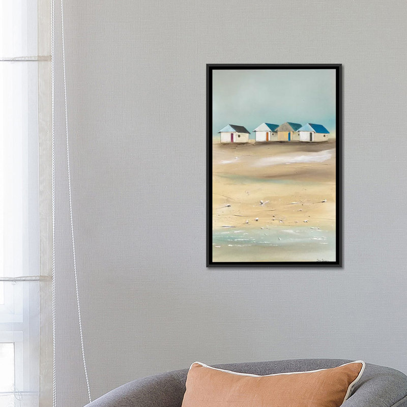 « beach cabanes iv », impression sur toile, H 26 po x l 18 po x P 1,5 po, Toile encadrée noire, Pas de tapis