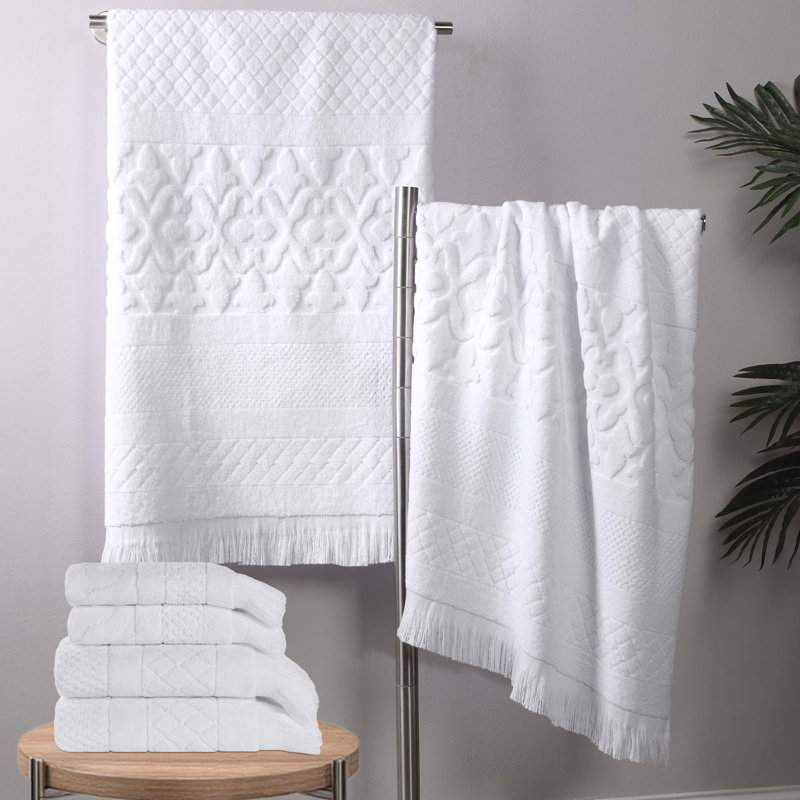 Rolla Geometric Jacquard Plush Soft Absorbent Cotton Bathroom Towel, White, 6 PC Towel Set