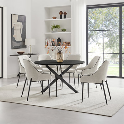 Hadlow Veneer & Metal Round Dining Table With Ophelia Fabric Chairs - Modern Statement Design