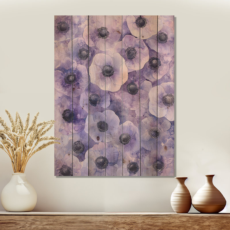 Lavender Anemone Serenity III - Poppies Purple Wood Print On Natural Pine Wood, 40" H x 30" W x 0.78" D