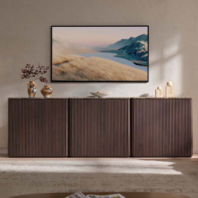 Buffet 103 po à 3 côtés avec panneaux épais de 2 po et dessus en faux marbre, meuble télé 2 portes avec rangement Buffet
