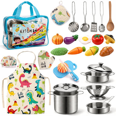 Ensemble de 24 accessoires de cuisine pour enfants, comprenant des casseroles, des poêles, un tablier et une toque de chef en acier inoxydable. Idéal pour les enfants de 3 à 12 ans (filles et garçons).