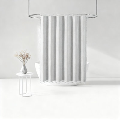 Farmhouse Shower Curtain Set With Tassels, Premium Linen Blend Woven Fabric, Heavy Duty Water Repellent Design For Bathroom Decor