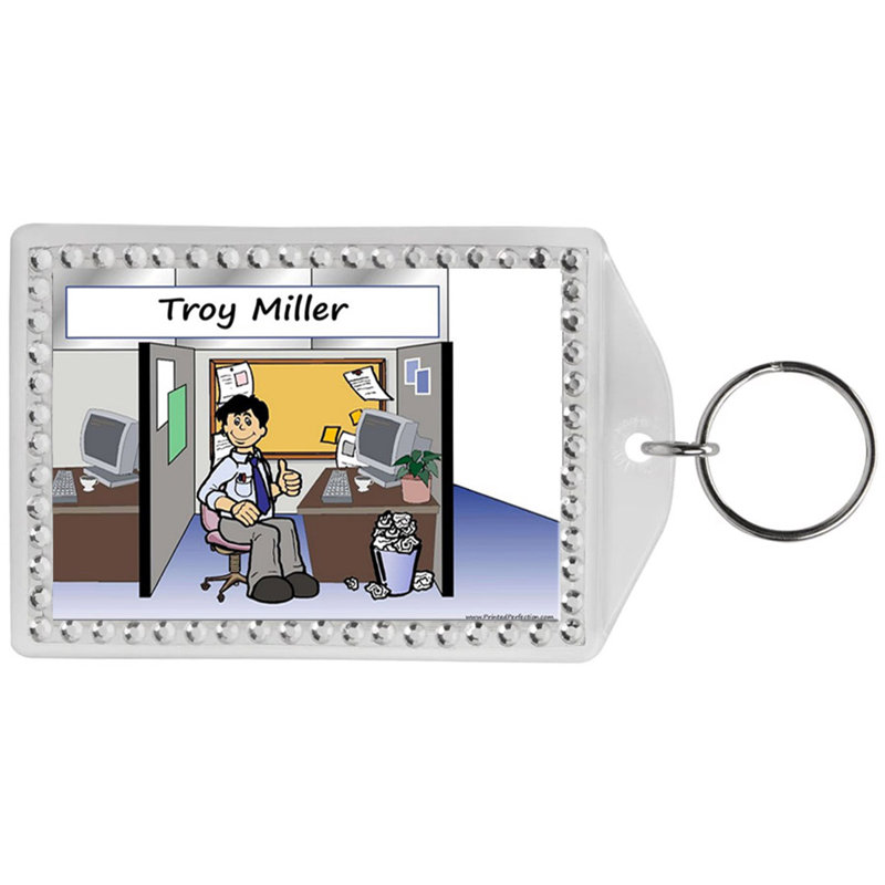 Personalized Name That Toon Cubicle Office Worker Male Rhinestone Bordered Key Chain, Yes