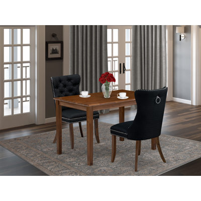L'ensemble de salle à manger 3 pièces comprend une table de cuisine rectangulaire et 2 chaises Parson rembourrées en tissu de polyester, noyer antique