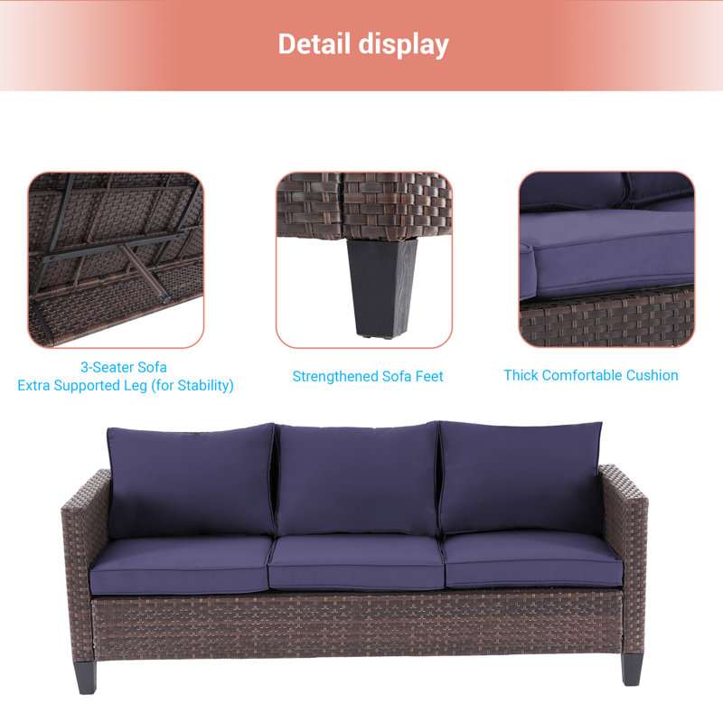 Jonson Wicker 5 - Person Patio Conversation Set with Cushions, Navy Blue, Brown
