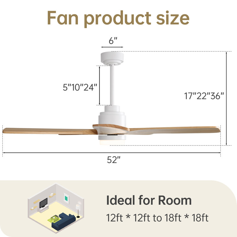 Sofucor 52" 5-Solid Blade Smart Modern Ceiling Fan with LED Light，Remote, White with Soild Wood Blades