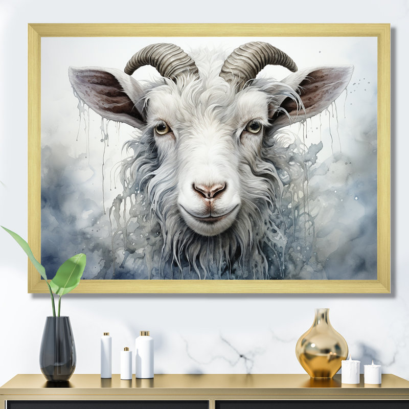 Portrait de chèvre en pâture blanche, Cadre d'angle fermé doré, H 30 po x l 40 po x P 1,5 po