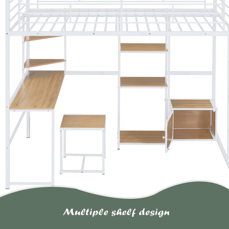Lit mezzanine double avec bureau et tabouret, lit mezzanine en métal avec garde-robe de style ouvert, tablettes et armoire
