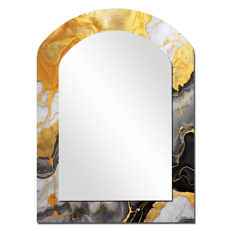Gold And Grey Abstract Marble Mirage II - Marble Arch Wall Mirror, Modern Asymmetrical Decorative Mirror, Printed Metal Art