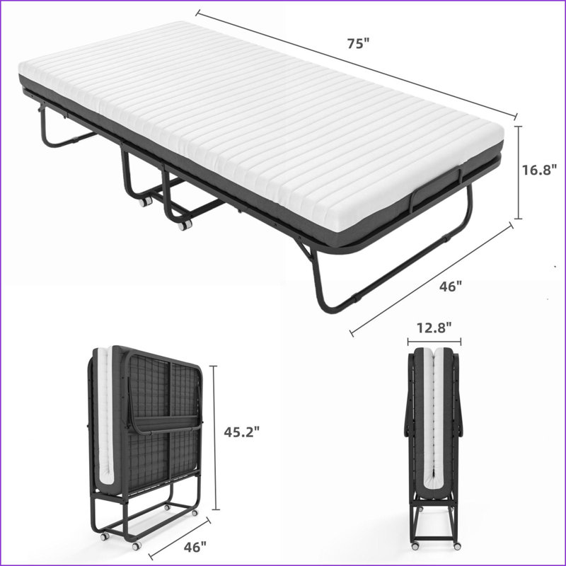 46”W x75”L Portable Folding Roll Away Bed with Memory Foam Mattress, Black Iron Frame White Gray for Guest Room