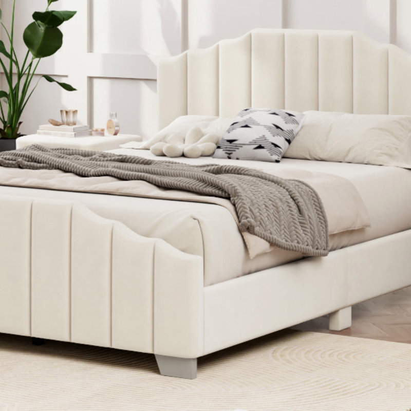 Tête de lit et pied de lit capitonnés en velours, Beige, Double