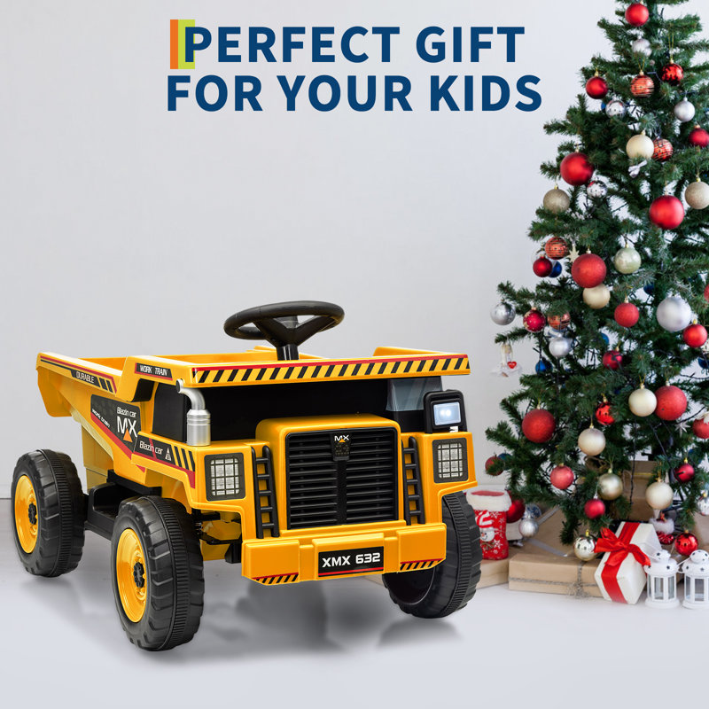 Camion à benne basculante 12 V pour enfants avec benne électrique et pelle, Jaune