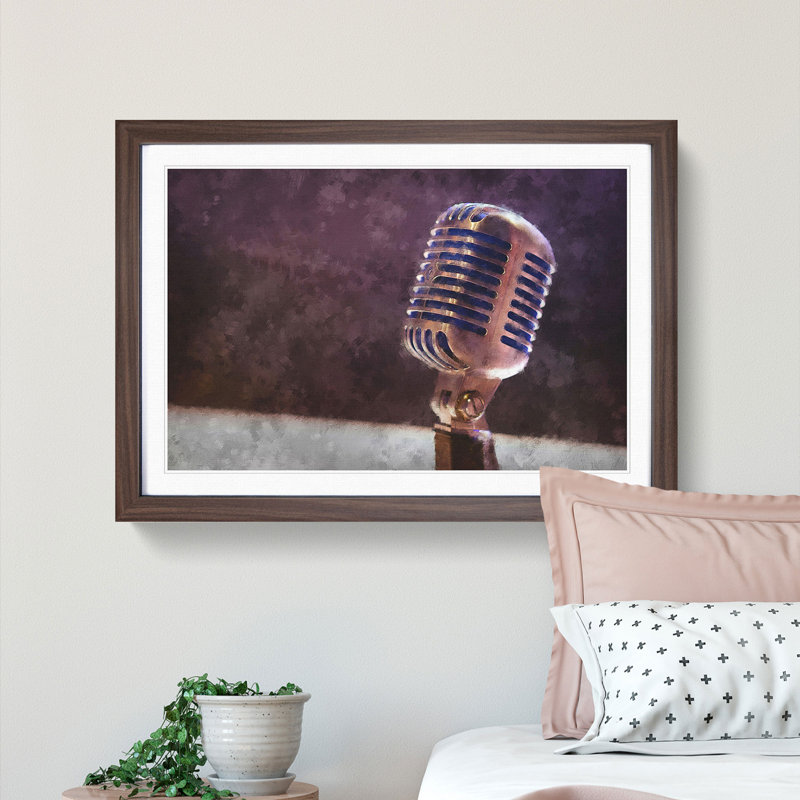 Steel Vocal Microphone - Framed Print, 45cm H x 63cm W x 2cm D, Walnut Framed