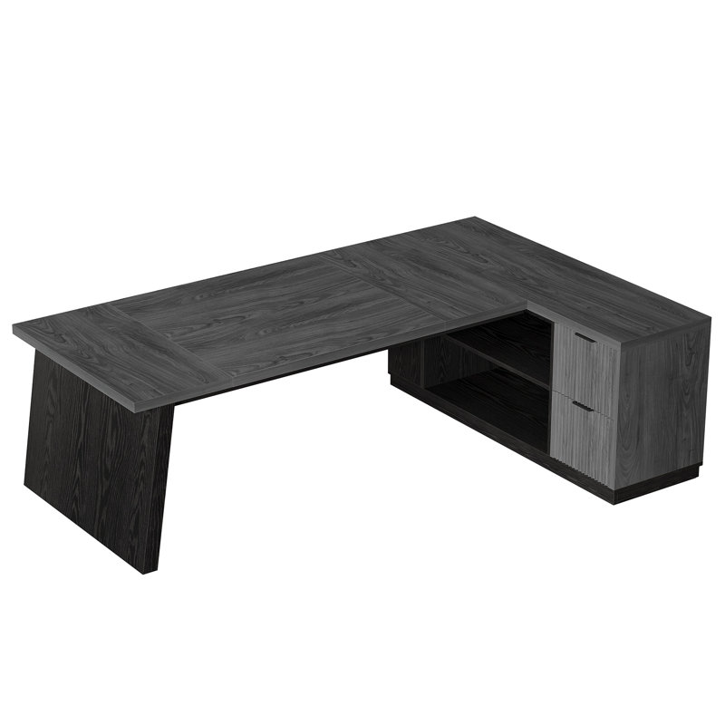 Bureau de direction en L 77,9 pouces avec tiroirs classeurs et armoire pour bureau à domicile, Gris