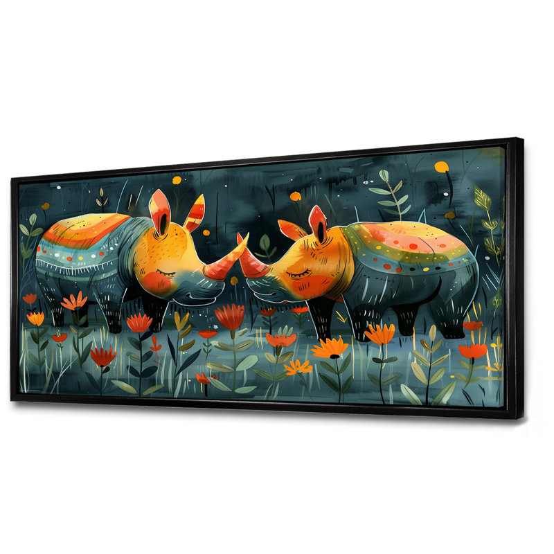 Terrina - Rhinocéros, art mural animal, Cadre flottant noir, H 28 po x l 60 po