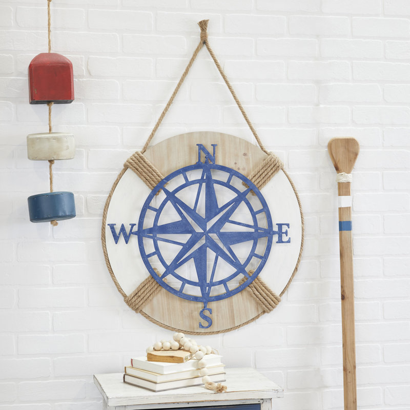 Metal Compass Blue Wall Decor with Rope Hanger