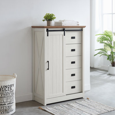 5 Drawers Dresser w/Sliding Barn Door, Farmhouse Modern Tall Dresser 5 Chest of Drawers, Storage Organizer Dresser for Bedroom, Hallway, Living Room,