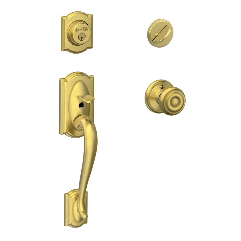 Camelot Handleset with Single Cylinder Deadbolt and Georgian Door Knob and Rosette, Satin Brass, Keyed Alike, Yes