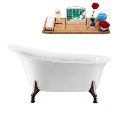 59" Streamline Clawfoot Soaking Acrylic Bathtub With Drain, Clawfeet, and Bamboo Tray