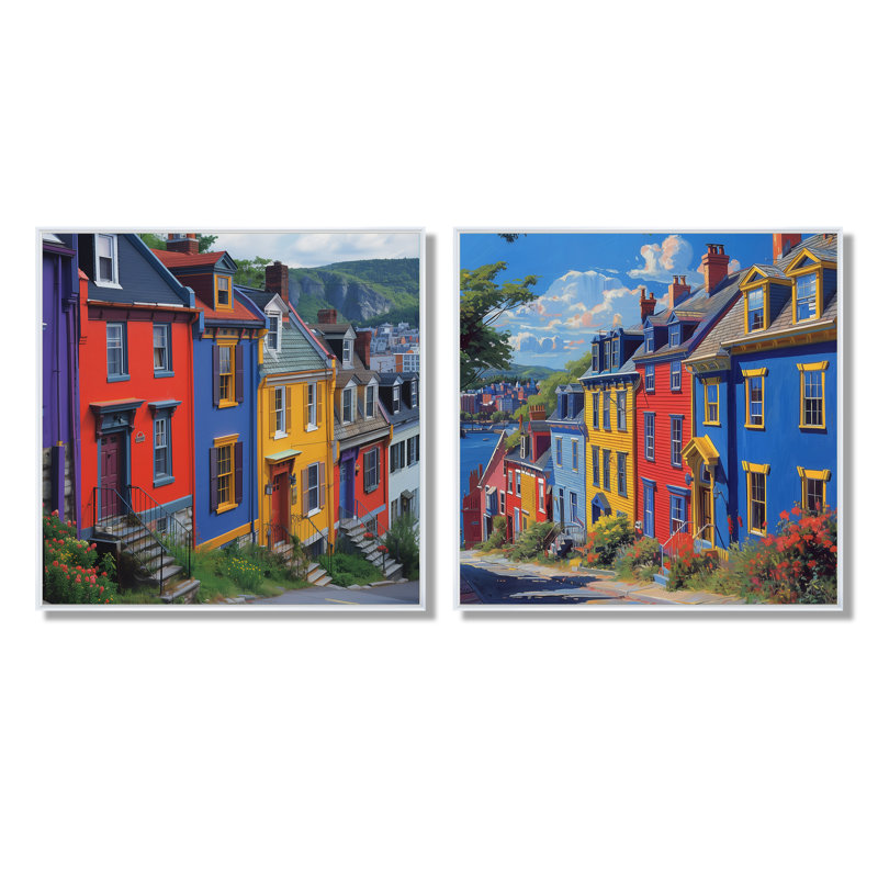 Colourful Canada St John Row maisons in the Summer I - Canada Wall Art - ensemble de 2 décorations murales traditionnelles