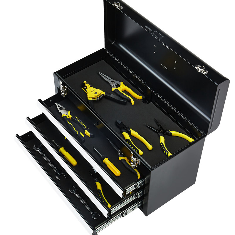 Boîte à outils portative noire de 20,5 pouces, 3 tiroirs, verrouillage automatique, charnière lisse, tiroir coulissant, couvercle sécuritaire pour la protection et rangement en métal, protection contre les éclaboussures, poignée supérieure facile à transporter