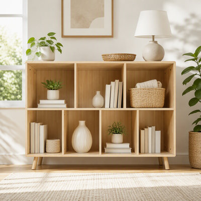 Wooden Bookshelf,  2-Tier Bookcase, 7 Cube Storage Organizer, Open Book Shelf with Legs for Home Office, Living Room, Study