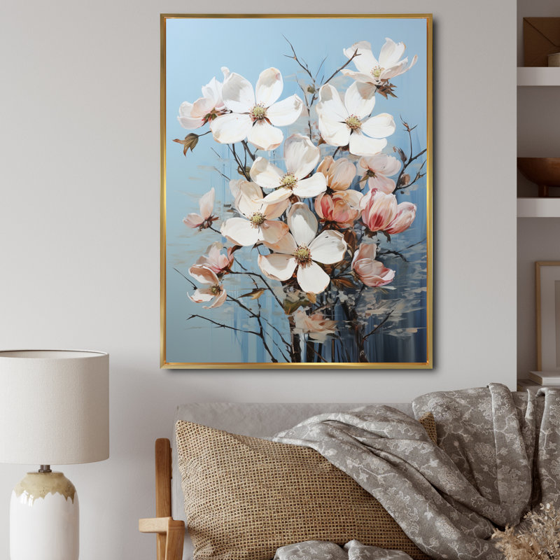 Impression sur toile de cornouiller blanc II, H 32 po x l 16 po x P 1 po, Cadre flottant doré