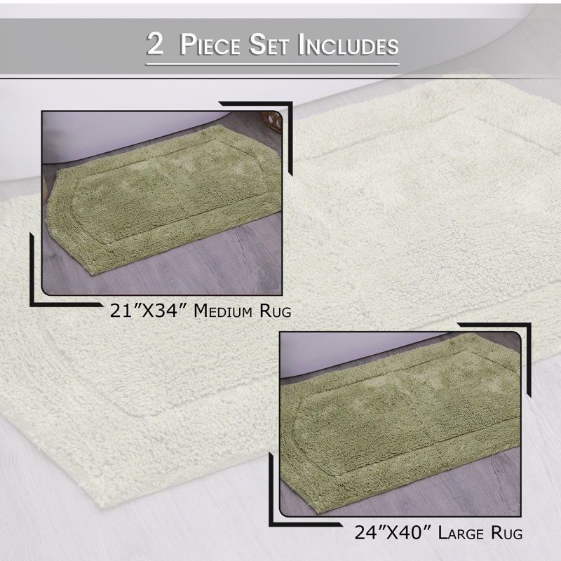 Morissette 100% Cotton Bath Rug, Non-slip, Absorbent, Machine Washable, Quick Dry 2 PCs set (21x34 / 24x40), Vert