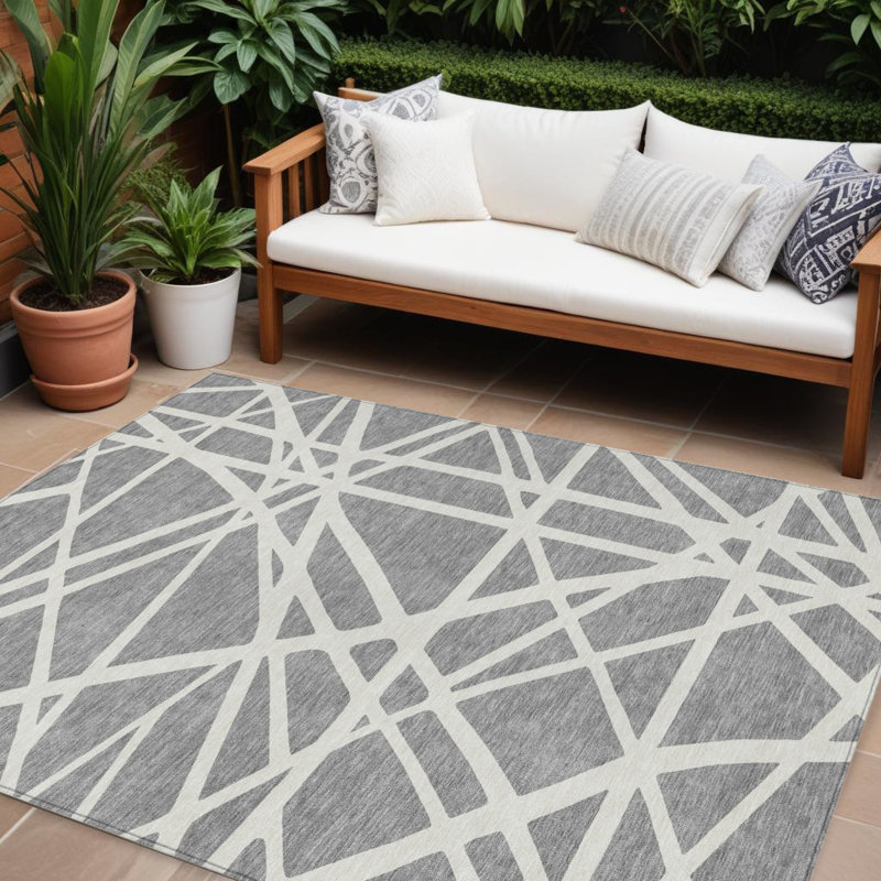Tapis extérieur lavable à motif géométrique 10 pi x 14 pi gris
