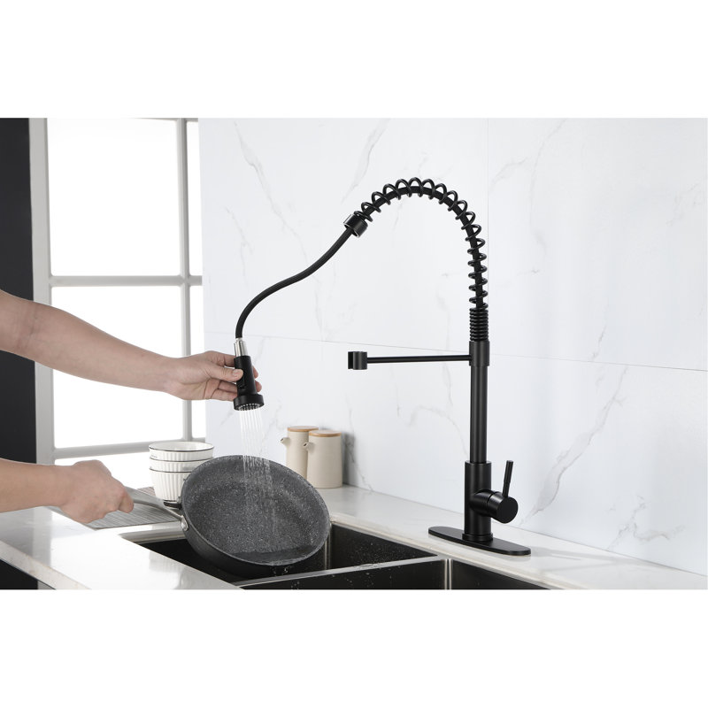 Robinet de cuisine noir mat Spring - Acier inoxydable, douchette extractible, poignée simple pour le contrôle de l'eau, débit facile