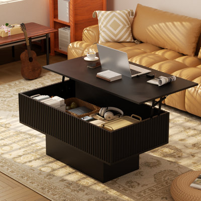 Table basse à plateau relevable de 38 po avec rangement caché et lumières DEL 16 couleurs | Aspect bois cannelé massif, relevage hydraulique jusqu'à 23 po, table à thé rectangulaire de style Mid-Century pour le salon ou le bureau