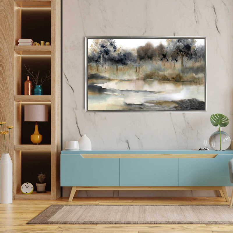 Serene River - Peinture, L 33,5 po x H 21,5 po, Encadrement argenté