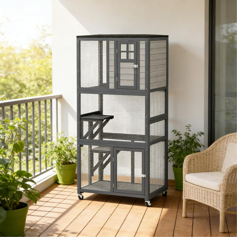 Maison pour chat en bois, Noir / gris foncé / gris clair