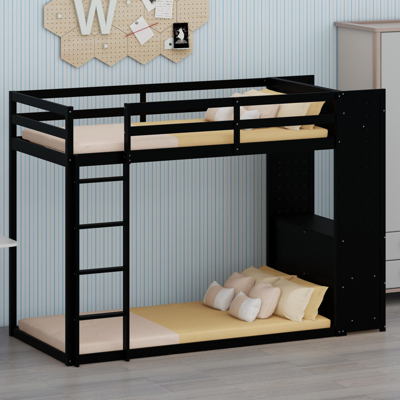 Multi-Functional Bunk Bed Featuring Built-In Shelves, Pegboards, Drawer Storage, And Ambient Lighting, Black