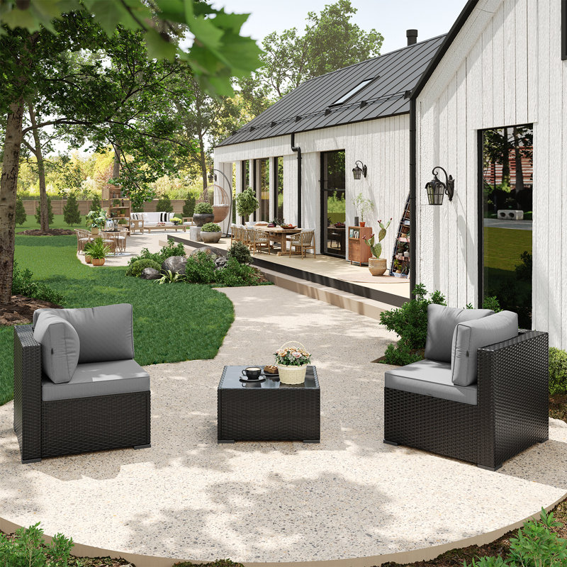 3 -Person Rattan Patio Safo With Cushions, Light Gray, Black