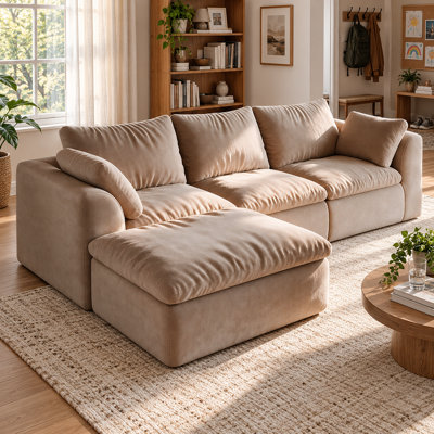 Canapé modulaire à quatre places en lin avec méridienne et repose-pieds, beige