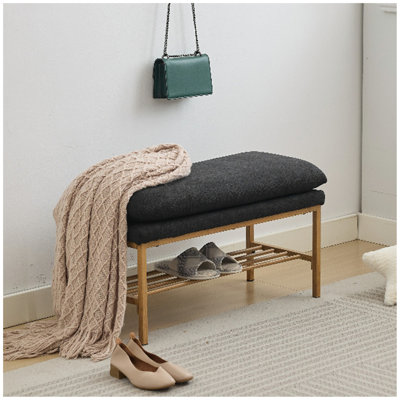 Upholstered Shoe Storage Bench With Cushioned Seat, End Of Bed Bench With Open Shelf And Metal Legs For Entryway