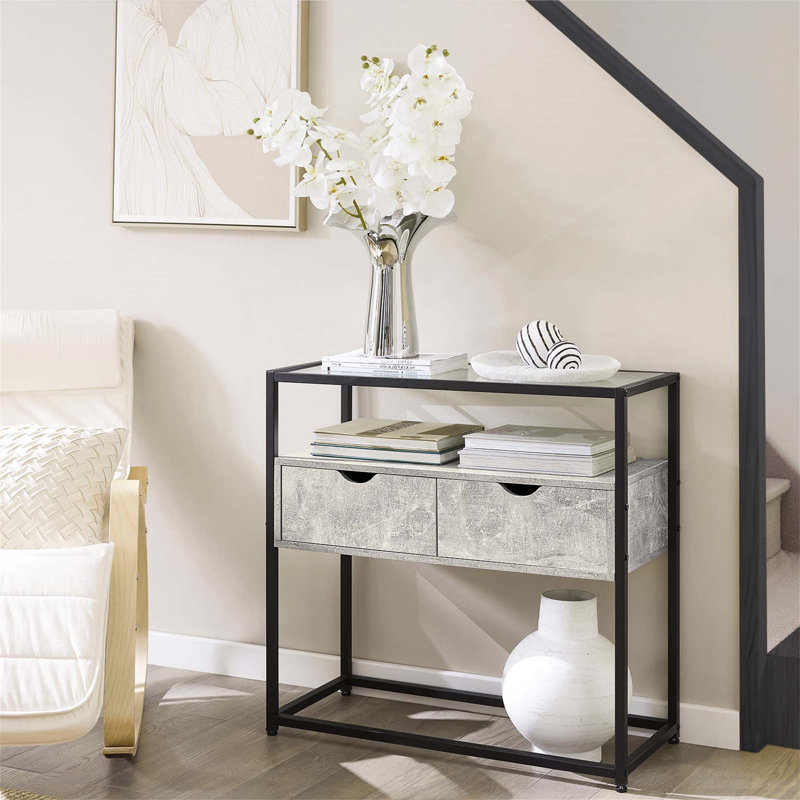 Annam 81cm Glass Top Console Table, Black/Grey