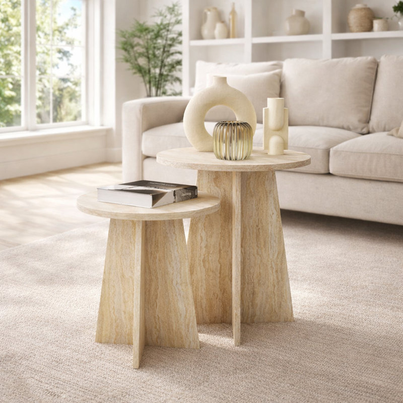 Travertine-Style Round Nesting Side Tables Modern Coffee Tables Set of 2