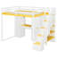 Lit mezzanine double avec escalier de rangement, coiffeuse intégrée avec miroir et tiroir, garde-robe et armoires, ports et lumières de charge USB, blanc et jaune-702913478